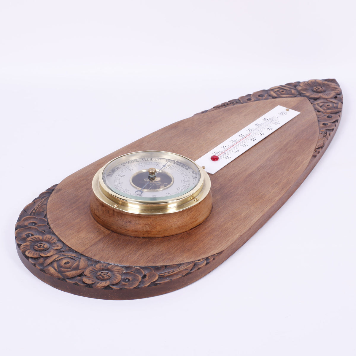 BAROMÈTRE THERMOMÈTRE SCULPTÉ<br>53CM – RÉSTAURÉ